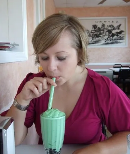 Sarah sampling the shake/tea/avocado concotion